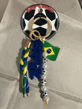 Bagcharm/Keychain Brazil Soccer Charm with Braided Green & Yellow Strap! NEW